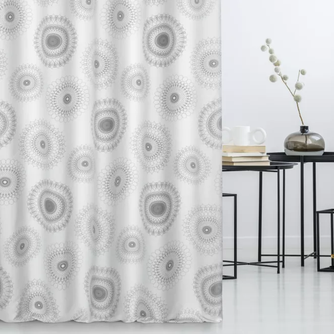 Tkanina zasłonowa z nadrukiem okrągłych ornamentów, miękka w dotyku