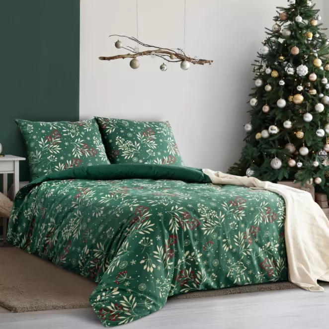 Pościel 160x200 cm bawełniana kolor butelkowa zieleń, kremowy zdobiona nadrukiem CRISTIAN