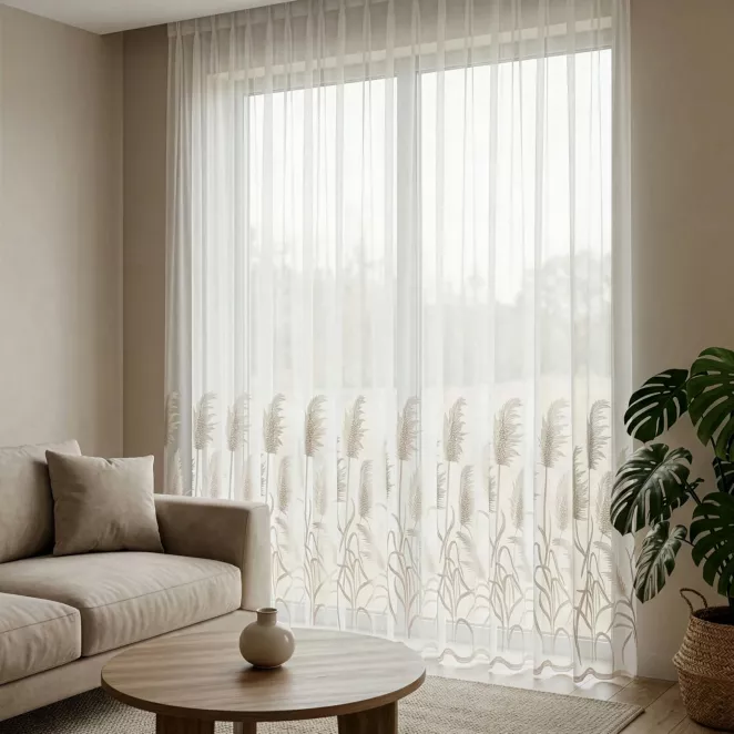 Firana biało, beżowa 210x260 cm  typu aden z haftem ozdobnej trawy z kolekcji Pierre Cardin Flex 1:2