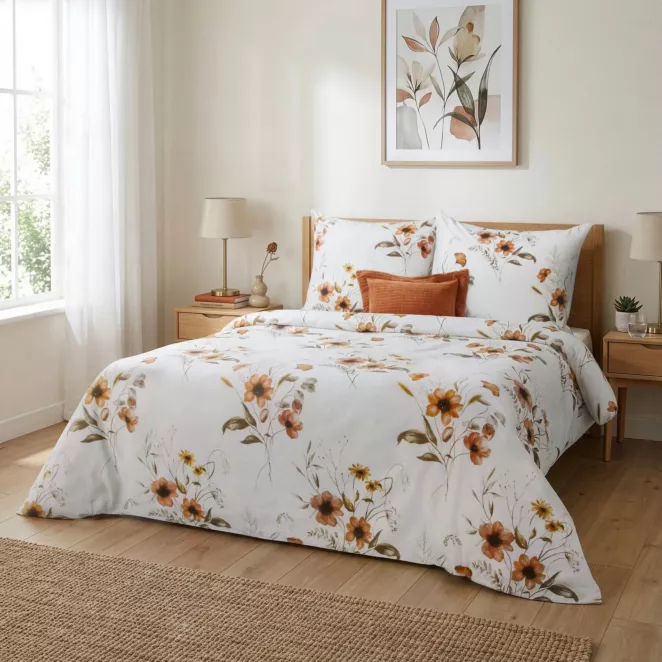 Pościel 220x200 cm komplet 3 częściowy bawełna ranforce kolor biało, rudy z motywem kwiatów CELINE