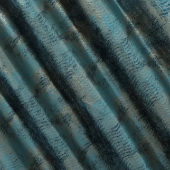 E130/5 Zasłona szyta na taśmie 5 cm turkusowo złocista z miękkiej, welwetowej tkaniny z nieregularnym wzorem i błyszczącym nadrukiem