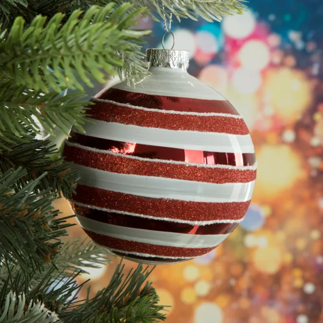Bombka szklana  z motywem czerwono-białych pasków