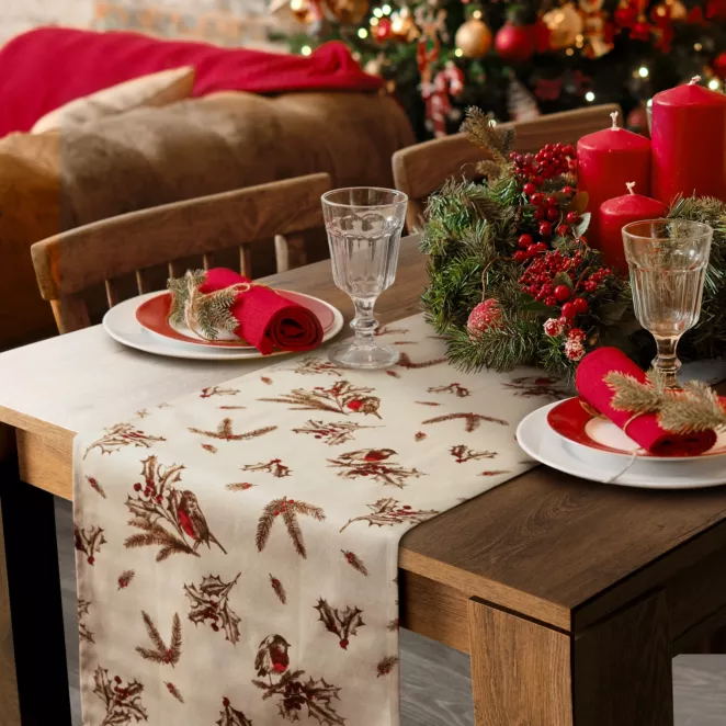 Bieżnik świąteczny 40x140 cm beżowo, brązowy bawełniany zdobiony zimowym motywem MELODY