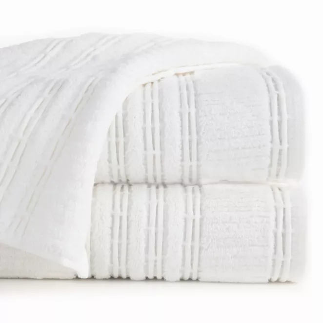 Ręcznik kąpielowy 70x140 cm bawełniany kolor biały podkreślony bordiurą tkaną w wypukłe paski 500 g/m2 ROME