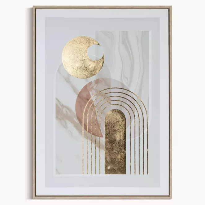 Obraz abstrakcja beżowo, złocisty nadruk na płótnie w stylu boho oprawiony w ramę 50x70 cm