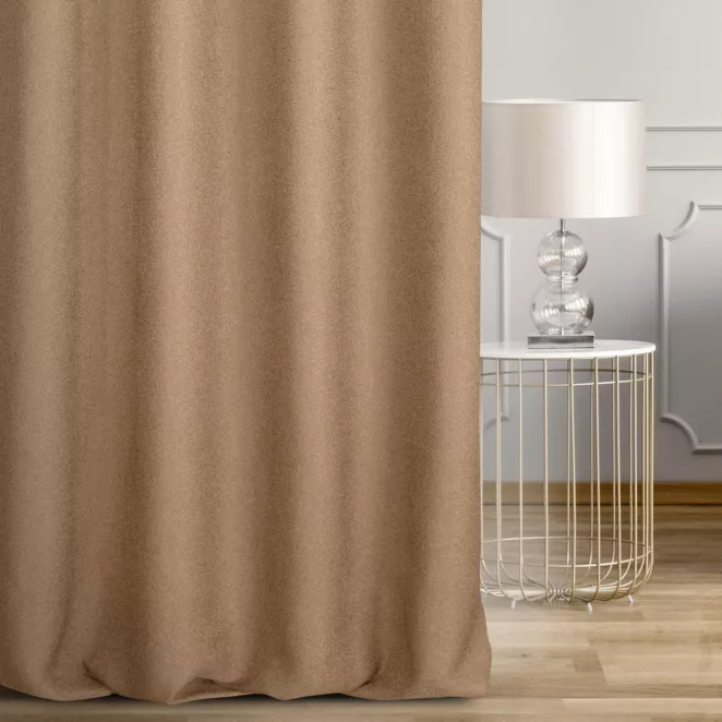 Zasłona szyta na taśmie 5 cm jasnobrązowa z tkaniny o naturalnym splocie w stylu eko