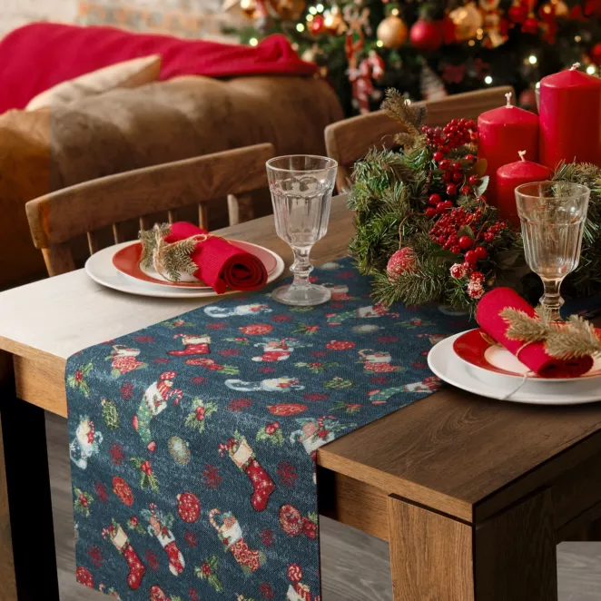 Bieżnik na stół granatowo, złoty 50x110 cm gobelinowy GIFT z motywem świątecznym