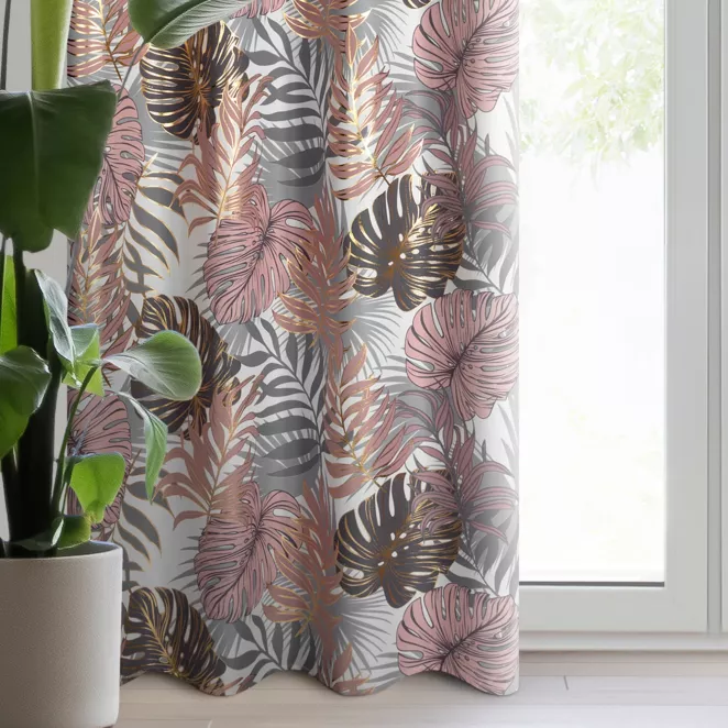 Zasłona pudrowo różowa z motywem liści monstery 140x250 cm przelotka - KORFU