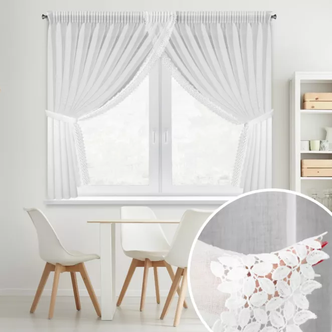 Firana biała z etaminy zdobiona koronką 400x160 cm troczek w zestawie, taśma - HESTIA