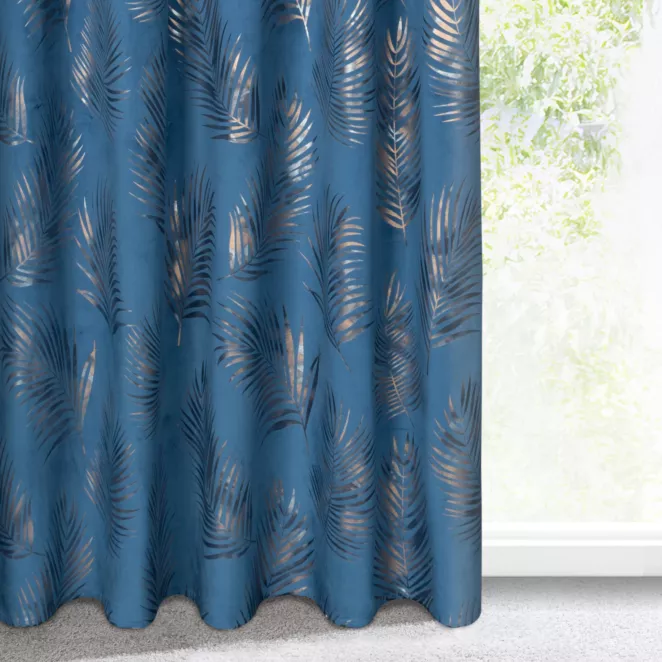 Zasłona welwetowa granatowo, szampańska z błyszczącym nadrukiem palmowych liści 140x300 cm taśma - GLORIA
