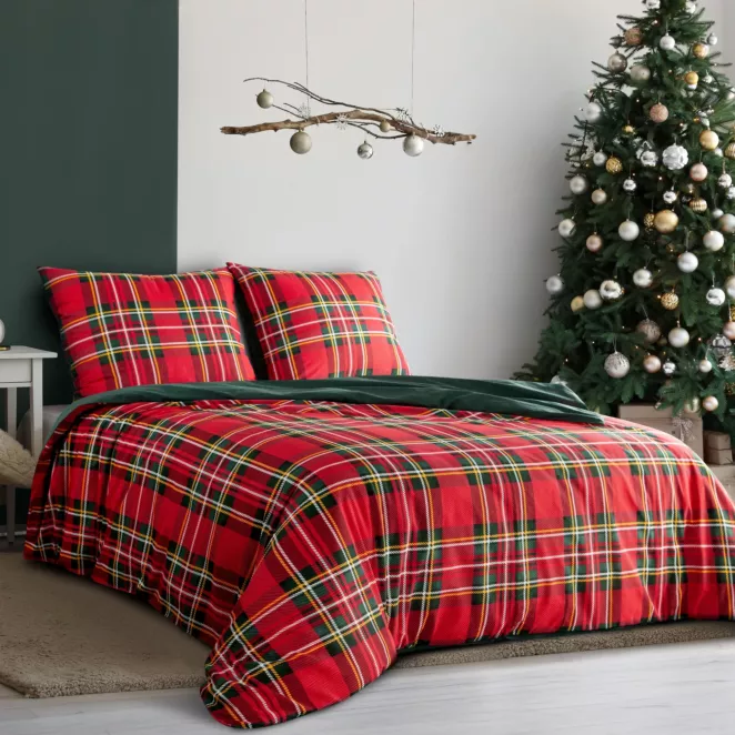 Pościel świąteczna 140x200 cm z bawełny ranforce, kolor czerwony, butelkowo zielony zdobiona nadrukiem szkockiej kraty JENNY