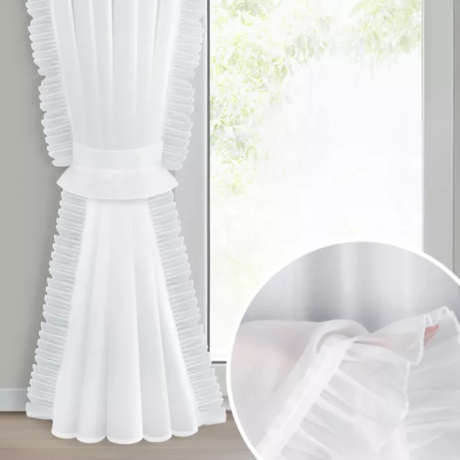 Firana biała z etaminy zdobiona falbanami po bokach tkaniny w zestawie ozdobny troczek 140x270 cm taśma KAREN