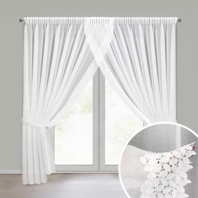 Firana biała z etaminy zdobiona koronką 400x250 cm troczek w zestawie, taśma - HESTIA