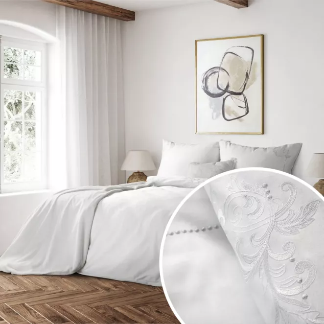 Pościel 160x200 cm komplet 3 częściowy z makosatyny bawełnianej kolor biały zdobiona haftem REINA 44