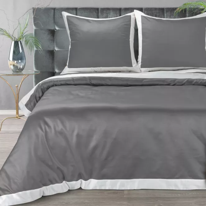 Pościel 160x200 cm komplet 3 częściowy z satyny bawełnianej kolor popielaty, biały z kontrastującym obszyciem LAURA