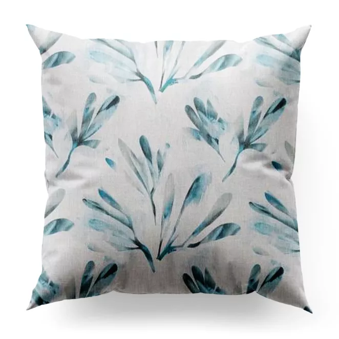 Poszewka szyta DARREN kremowo turkusowa z półprzezroczystej tkaniny o luźnym splocie drukowanej w roślinny wzór