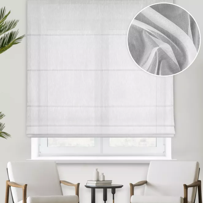 Roleta rzymska biała z miękkiej w dotyku tkaniny z efektem deszczyku, wykończona obciążnikiem
