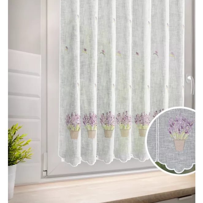 Tkanina firanowa zazdrostka z etaminy zdobiona haftem lawendy