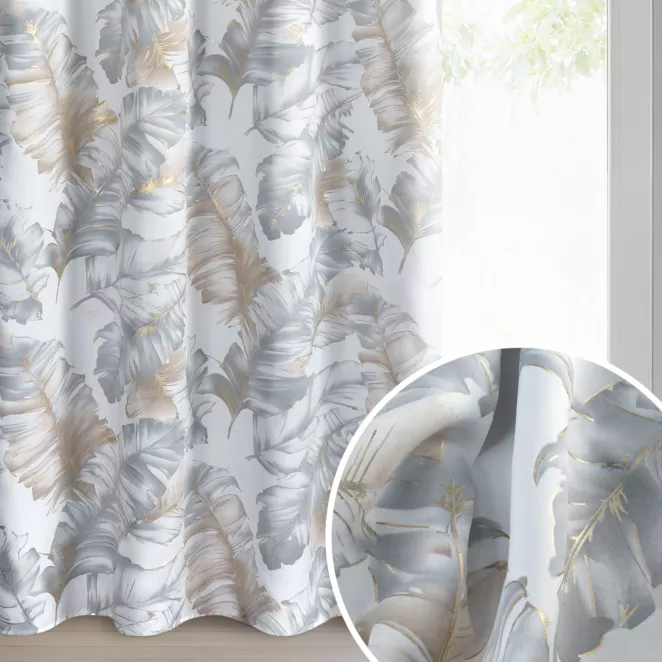 Zasłona biało, srebrna zaciemniająca zdobiona nadrukiem liści z szampańskim wykończeniem 140x250 cm przelotki - LAYLA3