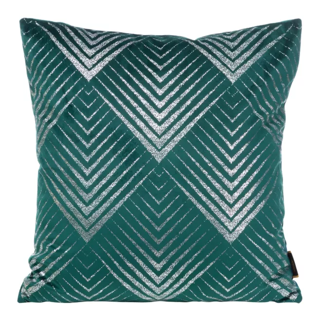 Poszewka na poduszkę 45x45 cm welwetowa ciemnoturkusowa ze srebrnym geometrycznym nadrukiem BLINK 36