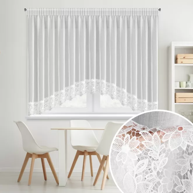 Firana biała łuk z etaminy zdobiona ażurową koronką 400x160 cm, taśma - ARTEMIDA