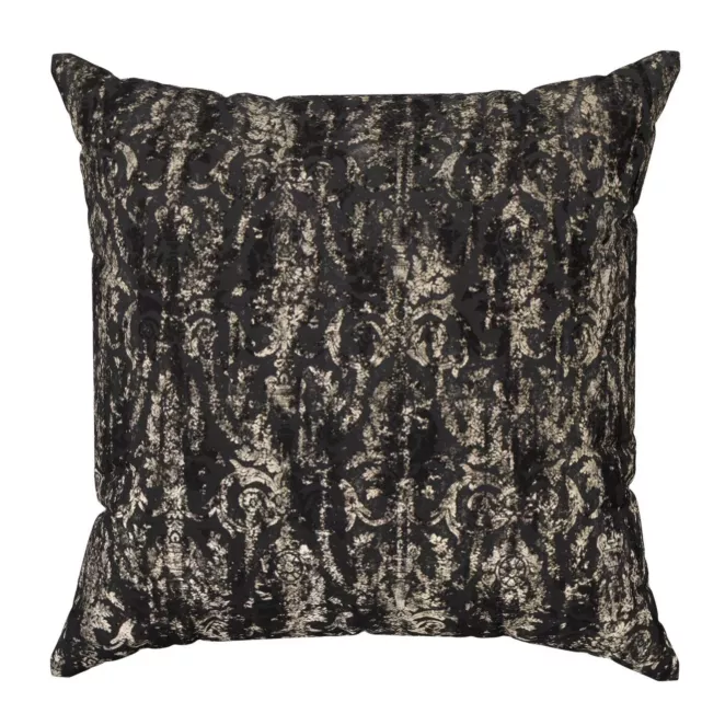 Poszewka szyta czarno złocista z grubej, welwetowej tkaniny, zdobiona delikatnie połyskującym nadrukiem
