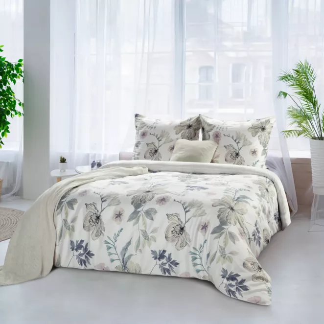 Pościel satynowa 160x200 cm komplet 3 częściowy  kolor biało, zielony z motywem roślinnym SPRING 37