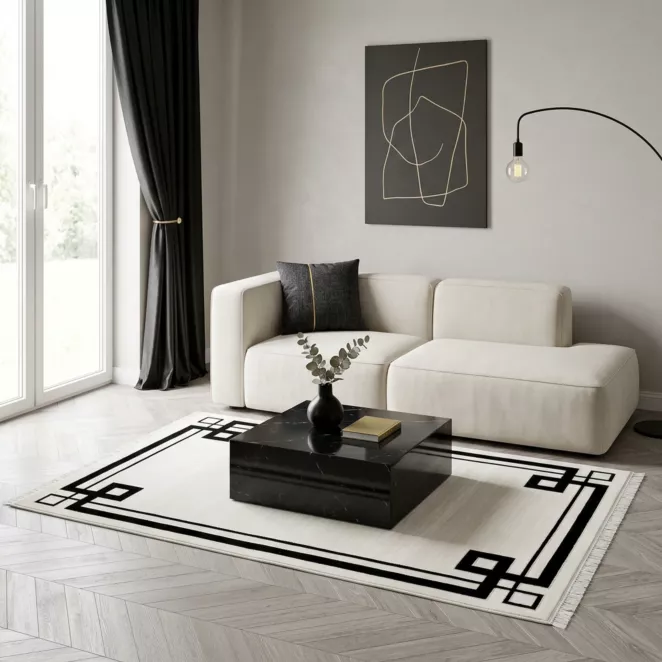 Dywan 60x100 cm jasnoszary, czarny zdobiony elegancką geometryczną ramką AURA 3