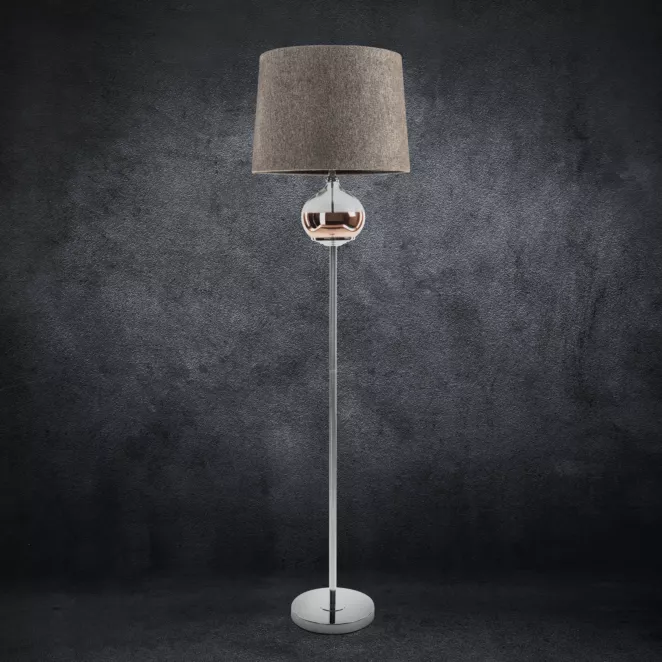 Lampa stojąca do pokoju beżowo, srebrna AMORA z matowym abażurem o widocznym splocie