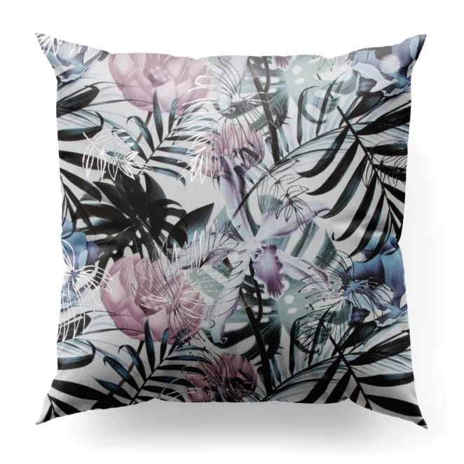 Poszewka szyta biało różowa miękka, welwetowa, z nadrukowanym motywem botanicznym i srebrnymi elementami