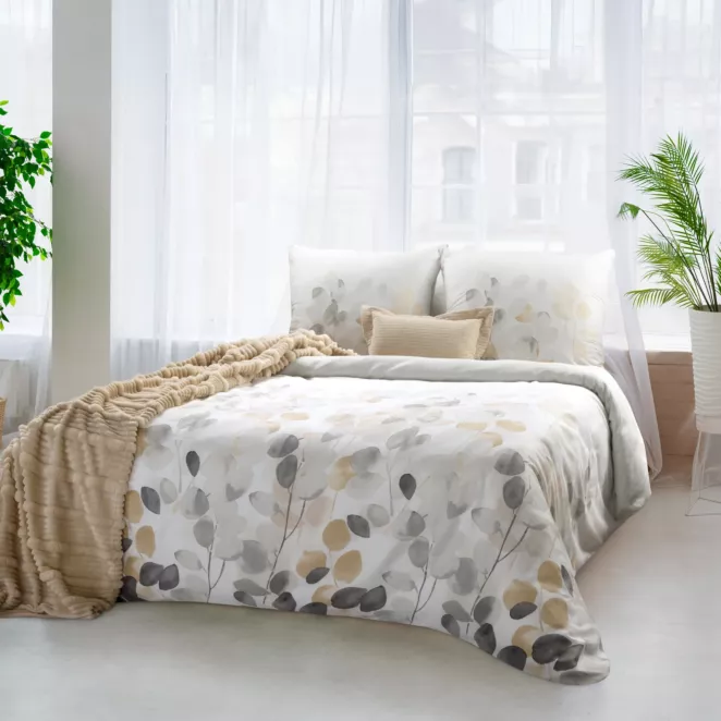 Pościel 140x200 cm komplet 2 częściowy satyna bawełniana kolor biały, jasno stalowy z motywem liści  SPRING 94