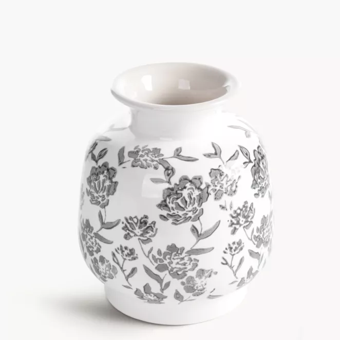 Wazon dekoracyjny biało, granatowa zdobiony roślinnym motywem 16x19 cm VIVIAN