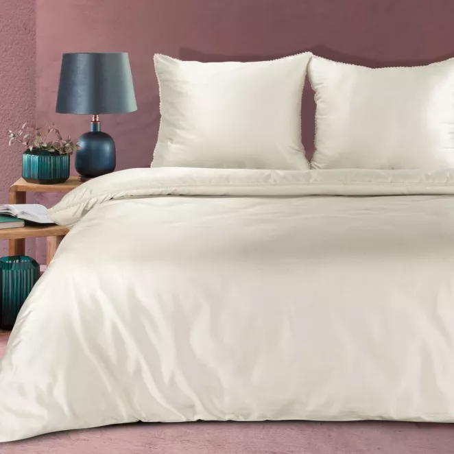 Pościel 220x200 cm z makosatyny bawełnianej kolor kremowy zdobiona subtelną koronką DIVA 20