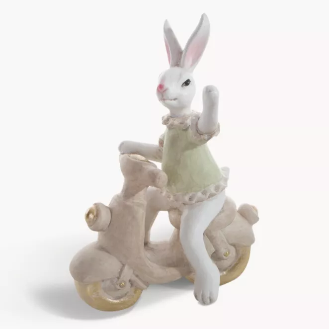Wielkanocna figurka dekoracyjna uroczego zajączka na skuterku w miętowo, beżowej kolorystyce