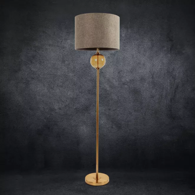 Lampa stojąca do pokoju beżowo, złota LEONA z matowym abażurem o widocznym splocie