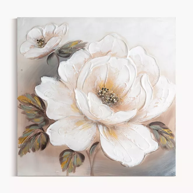 Obraz z kwiatem biało, beżowy ręcznie malowany na płótnie 60x60 cm