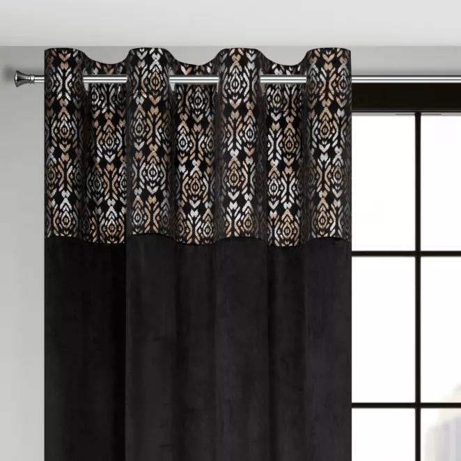 Zasłona czarno, złota z dekoracyjnym pasem z welwetu 140x250 cm przelotka - LIZA