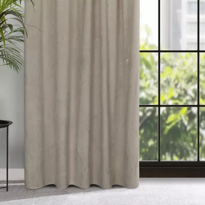 Zasłona welwetowa beżowa ze złotym wzorem przecierki 140x300 cm taśma - NADIA