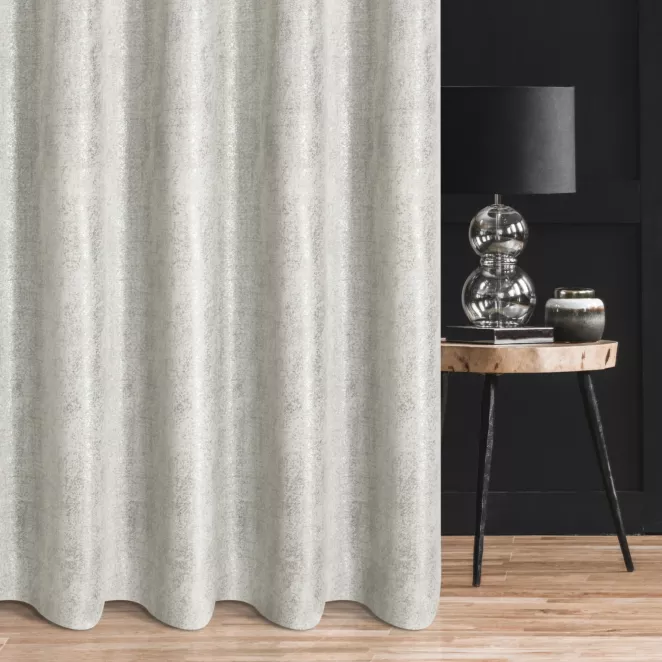 Zasłona szyta na taśmie 5 cm naturalno srebrna tkanina o naturalnym splocie z delikatnym połyskiem
