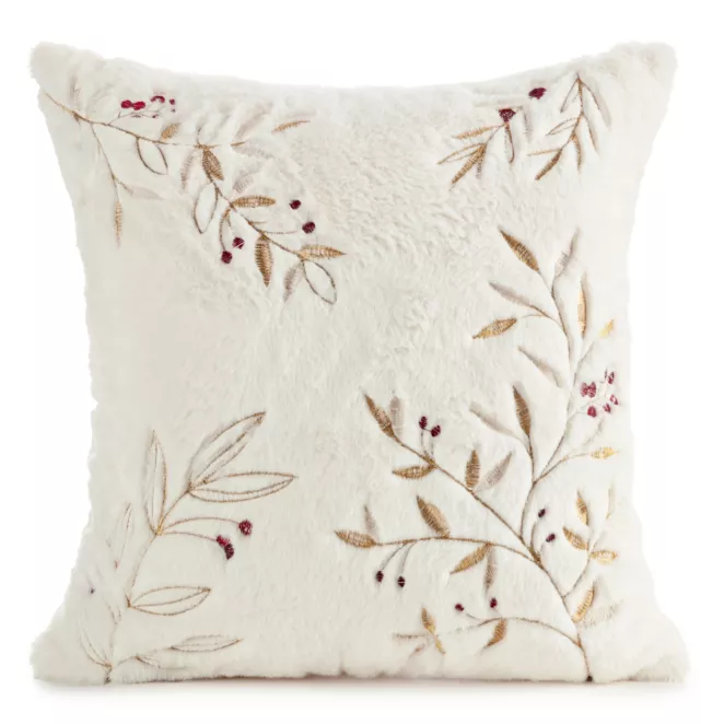 Poszewka na poduszkę świąteczna 45x45 cm kremowo, złota z przyjemnego futerka zdobiona haftem gałązek