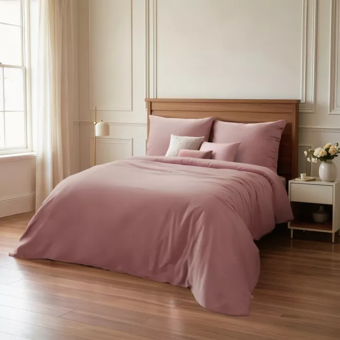 Pościel 140x200 cm komplet 2 częściowy gładka z makosatyny bawełnianej kolor pudrowy róż DELIA Reina Line
