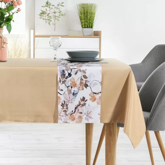 Komplet obrus z bieżnikiem złoto, biały 140x180 cm ANITA 5 zdobiony subtelnym wzorem liści