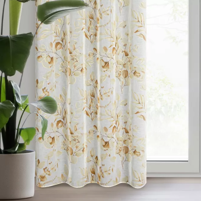 Zasłona beżowo, żółta z nadrukiem kwiatów z etaminy 140x250 cm przelotka - AVA