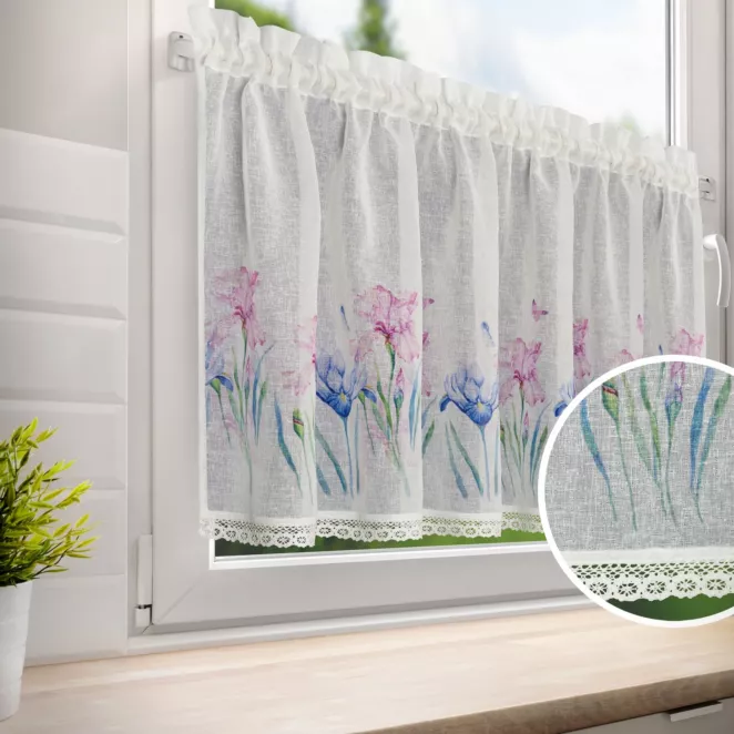 Zazdrostka biało, różowa z etaminy zdobiona nadrukiem kwiatów i koronką 150x60 cm tunel DOLOREZ