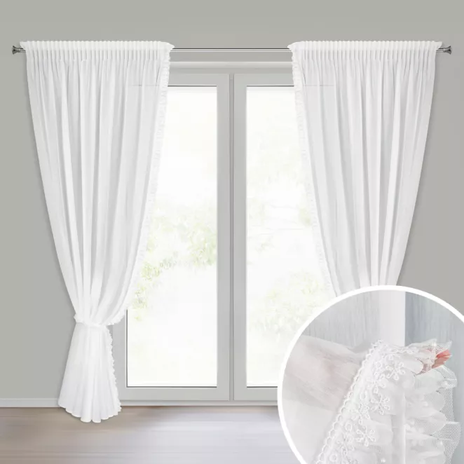 Komplet firan białych zdobionych aplikacją z gipiurą z perełkami 140x270 cm taśma+troczek ELENA