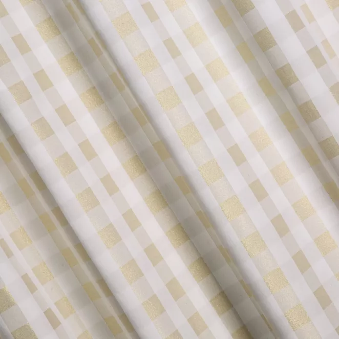 L106/10 Zasłona szyta na taśmie 5 cm kremowo złocista z dwustronnej tkaniny, deseń w kratę z dodatkiem złotej nici