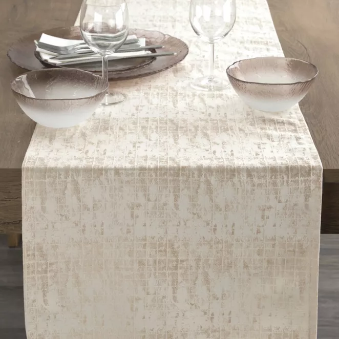 Bieżnik na stół beżowy 40x140 cm żakardowy ALINA z subtelnym delikatnym wzorem przecierki