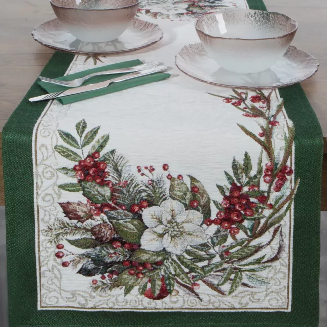 Świąteczny bieżnik kolor zielono, czerwony 40x100 cm szenilowy tkany motywem świątecznym