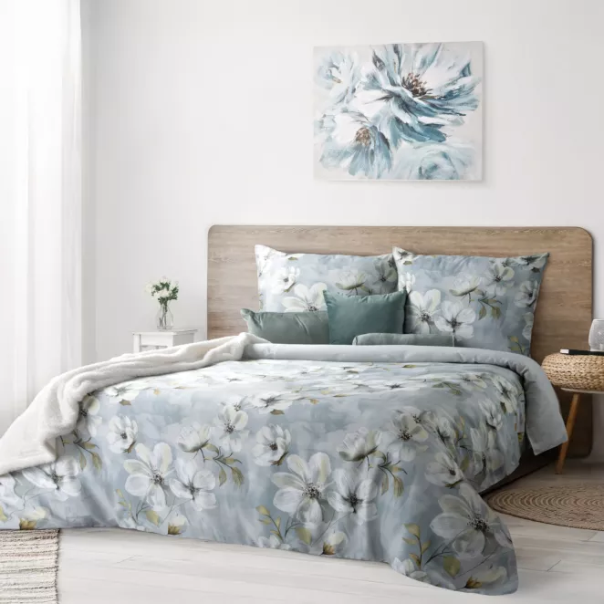Pościel 140x200 cm komplet 2 częściowy satyna bawełniana kolor błękitno, biały z motywem roślinnym  SPRING 89