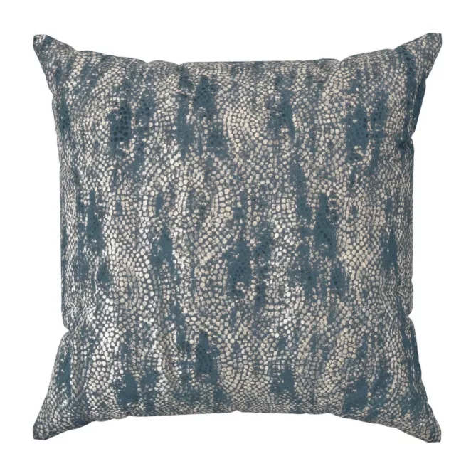 Poszewka szyta ciemnoturkusowo złocista z grubej, welwetowej tkaniny z geometrycznym wzorem, zdobiona delikatnie połyskującym nadrukiem